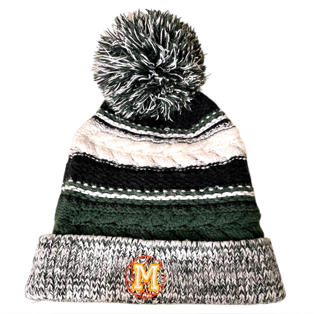 Large Black Green Gray Knit Hat Varsity Letter/ Monogram  *M* Basketball Pom Pom